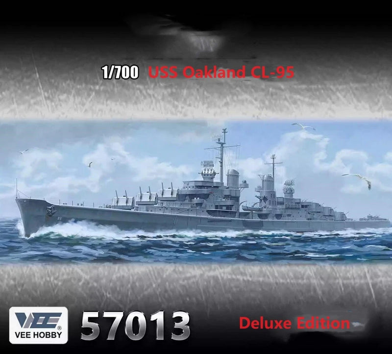 1/700-scale USS Oakland cruiser assembly model deluxe edition box art, gray warship