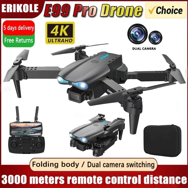 Foldable black RC drone with 4K wide-angle dual HD cameras and LED lights