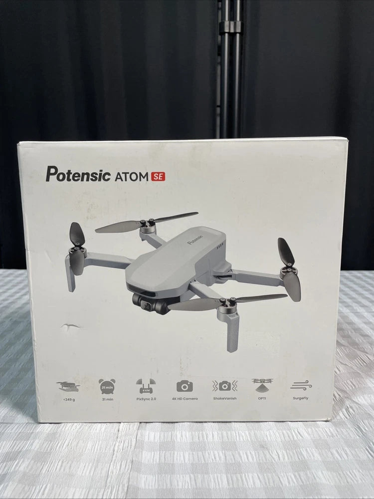 Potensic ATOM SE drone retail box with product photo and key feature icons