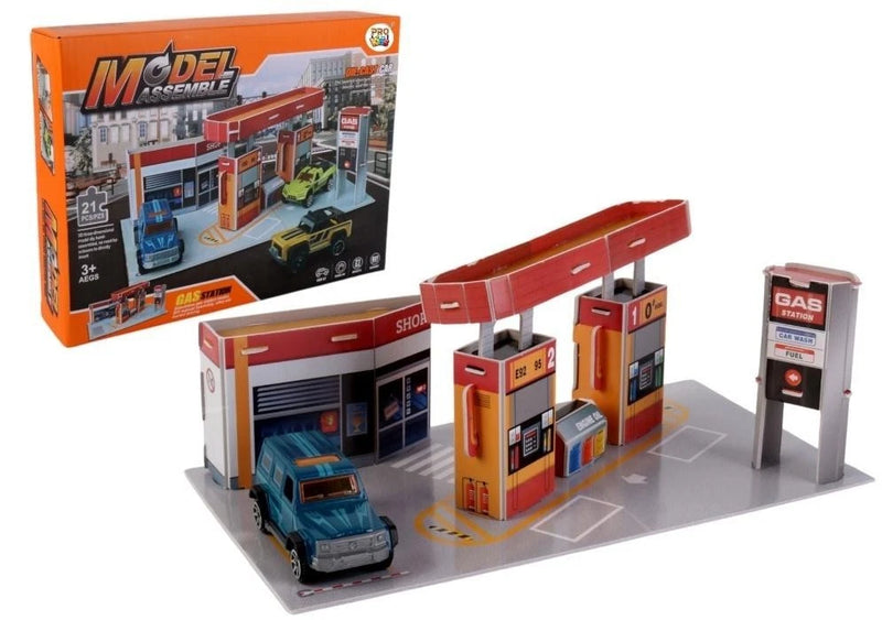Set Gas Station DIY Manual Model Assemble Toy Diecast Car 21 PCS 1:64 Scale