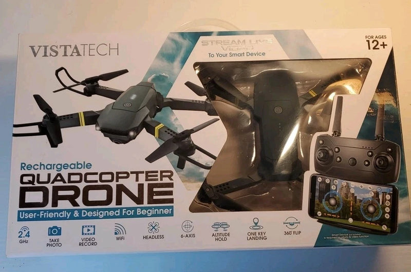 Rechargeable quadcopter drone box with controller and display screen