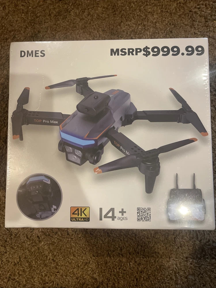 DMES drone in retail box showing 4K camera and controllers, sealed package