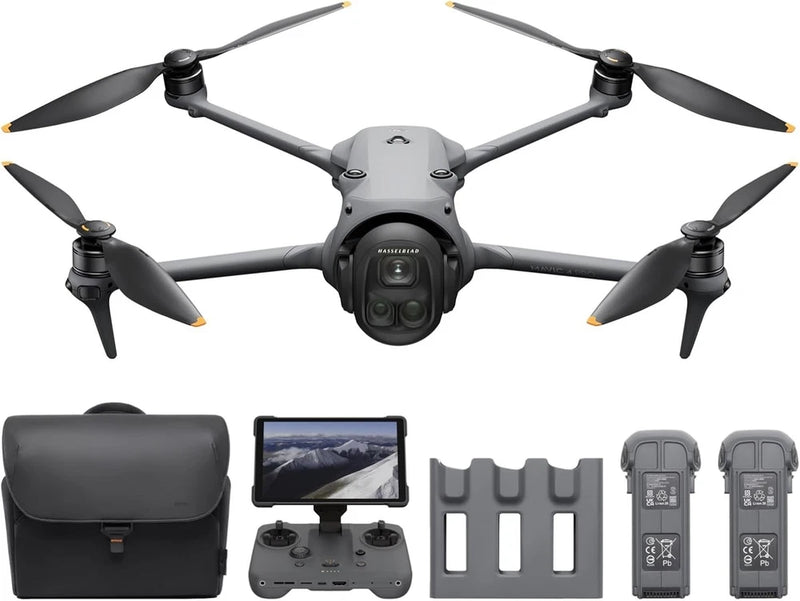 Quadcopter drone with camera, propellers, plus controller, case, and battery modules