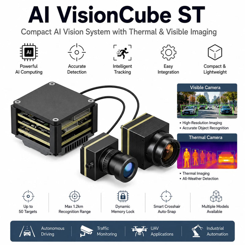 AI Vision Cube ST compact AI vision system with visible and thermal cameras, cables