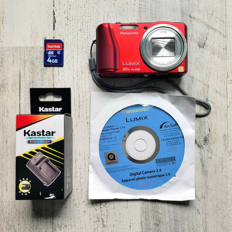 Panasonic Lumix Red DMC-ZS20 14.1MP Digital Camera, 20X zoom W/ Charger SD Leica
