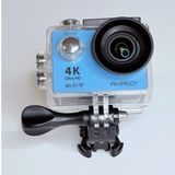 AKASO 4K action camera in blue waterproof case with front lens and mounting bracket