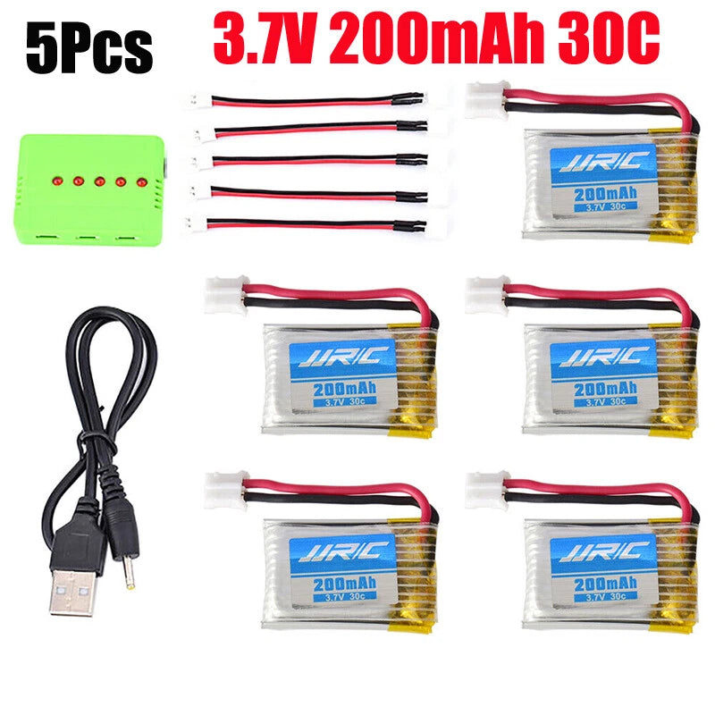 5Pcs 3.7V 200mAh 30C Lipo Battery & USB Charger for JJR/C H36 RC Mini Drone Battery