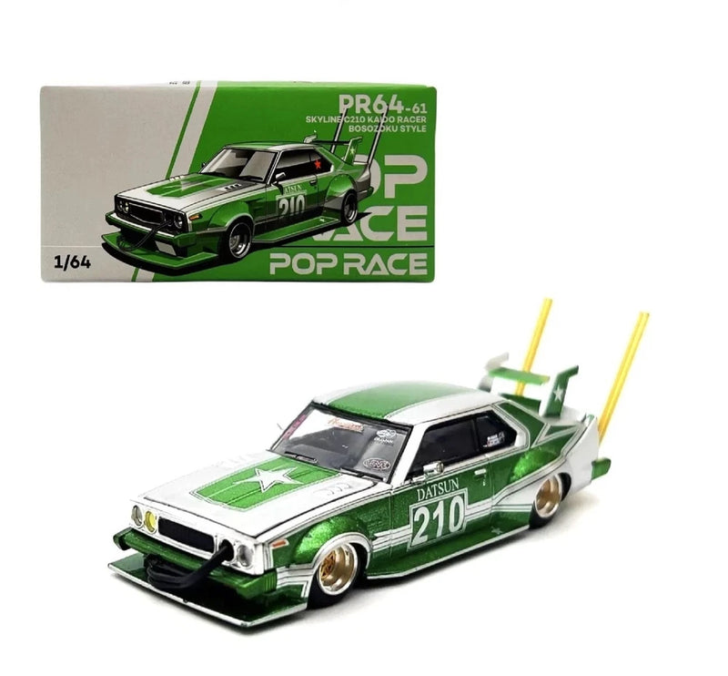 1:64 scale green Datsun 210 model car with front grille and racing decals, plus box