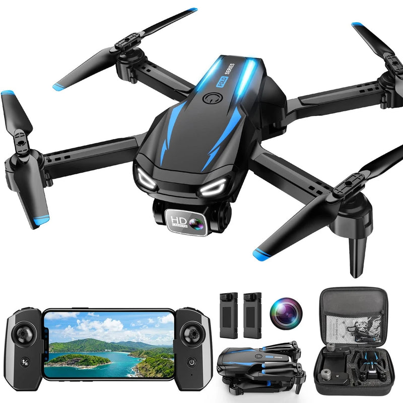 Foldable quadcopter drone with 1080P camera, remote controller, and carrying case set