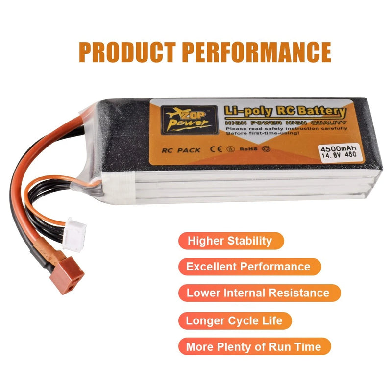 Zop Power 4S 14.8V 4500mAh 45C T Plug RC Lipo Battery for RC Car Boat FPV Drone Battery