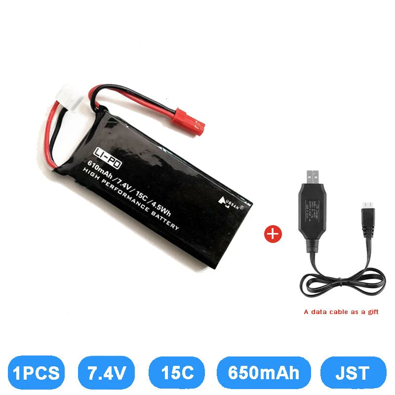 7.4V LiPo drone battery with JST connector and data cable, 610mAh 15C