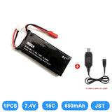7.4V LiPo drone battery with JST connector and data cable, 610mAh 15C