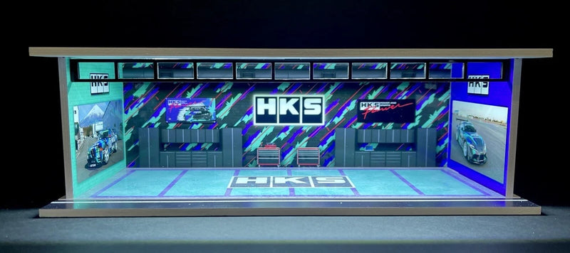 1:64 scale garage diorama with LED lighting, blue-lit interior and HKS logo