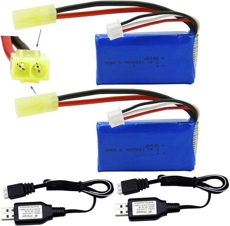 2 Pack 7.4V 1200mAh 8.88Wh Li PO Battery and 2 USB Charger Cable Replacement Battery