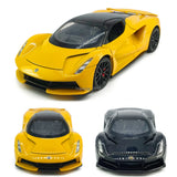 Alloy diecast sports car toy with yellow and black finishes, front and side views