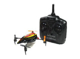 Red and black quadcopter drone with black transmitter controller and antenna