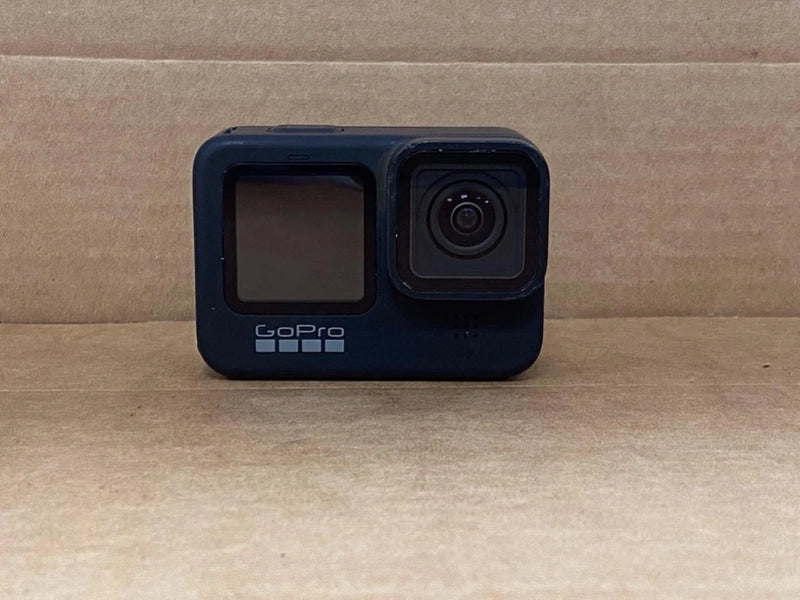 GOPRO HERO9 black action camera front view with LCD and wide lens