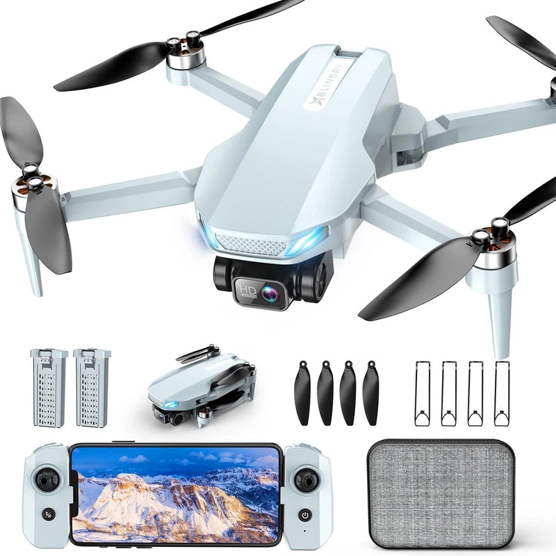 Light blue mini drone with front camera and four propellers, plus remote and accessory set
