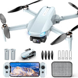 Light blue mini drone with front camera and four propellers, plus remote and accessory set