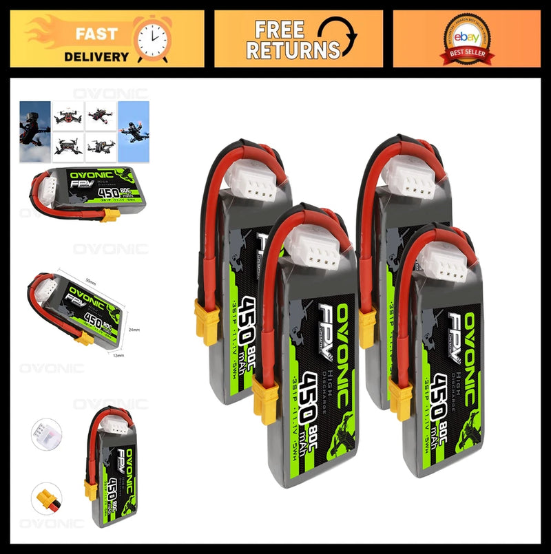 High-Performance 3S Lipo Battery 80C 450mAh 11.1V XT30 for RC FPV Racing Drone ( Battery