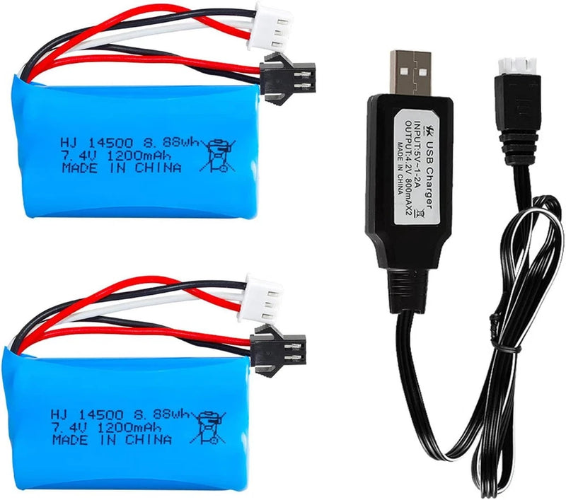 Two blue Li-ion remote control battery packs with SM2P connector and USB charging cable