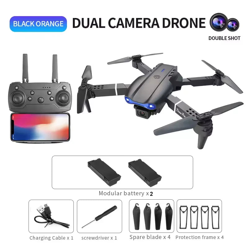 Dual-camera drone kit with remote controller, four spare blades, protection frames