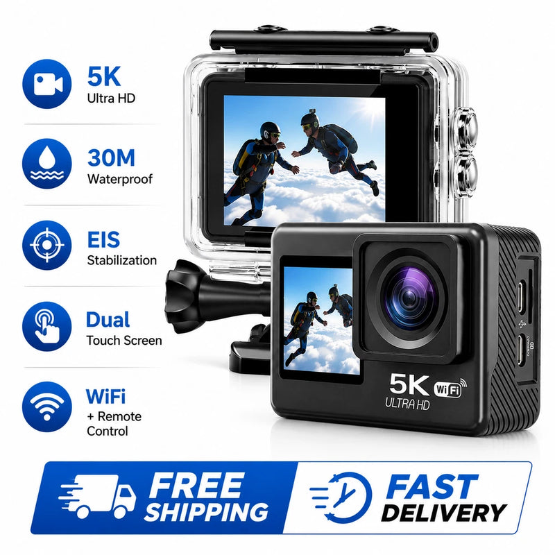 AUSHA 5K Action Camera 30M Dual Screen Waterproof EIS Sports Cam 30M WiFi Remote