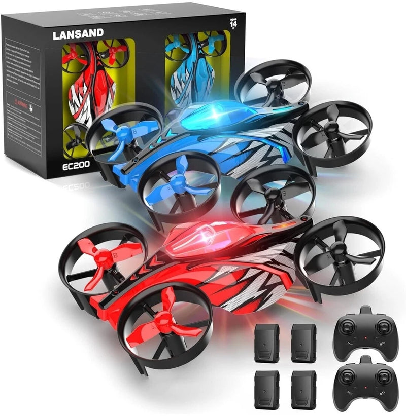 Two mini RC quadcopter drones (blue, red) with controllers and batteries