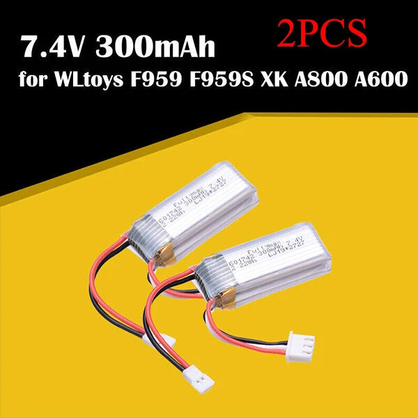 2-pack 7.4V 300mAh RC aircraft batteries with red/black wires and white connectors