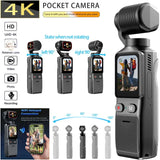 Pocket action camera with wide-angle lens and LCD screen on handheld body