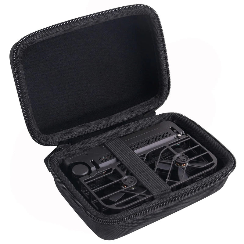 Hard EVA drone carrying case, open with molded foam interior and elastic strap