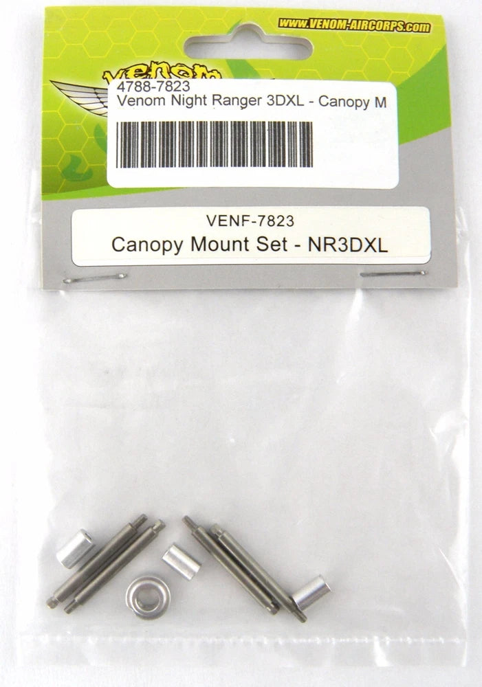 Venom 3DXL canopy mount set with metal screws, posts, and washer in clear bag