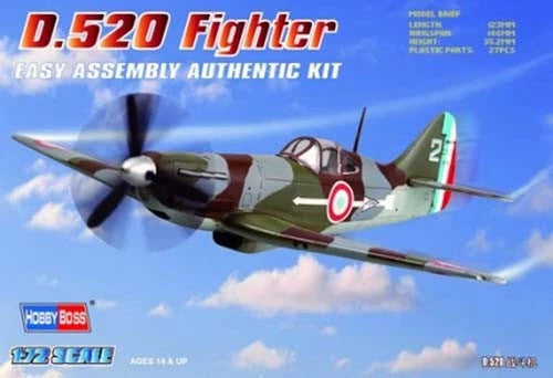 HobbyBoss 1/72 Dewoitine D.520 plastic model kit with fighter plane artwork