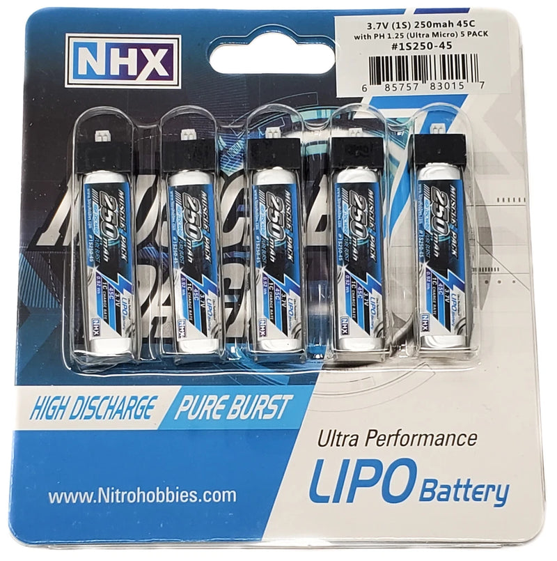 NHX Muscle Pack 1S 3.7V 250mAh 45C Lipo Battery w/ Ultra-Micro (5 PACK) Battery