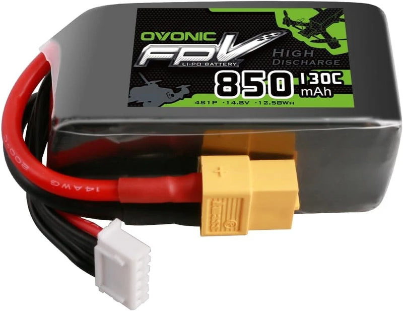 4S LiPo battery pack with XT60 connector and red/black wires, 850mAh label