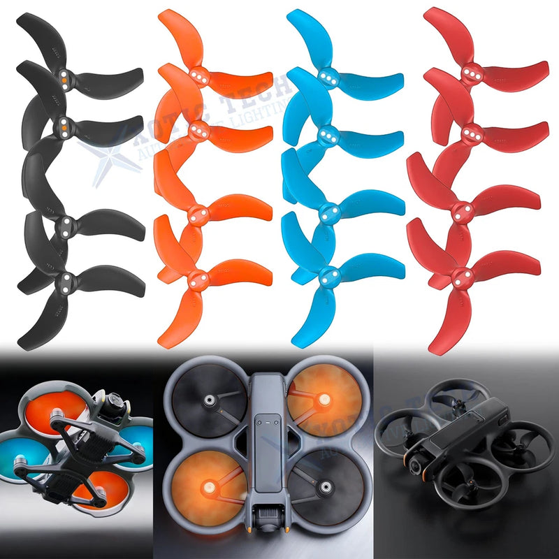 Set of spare drone propeller blades: black, orange, blue, and red.