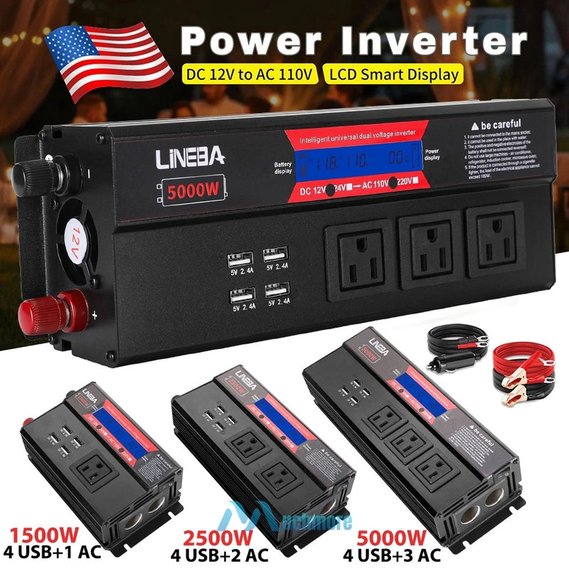 1500W 2500W 5000W Car Power Inverter 12V to 110V Converter 3AC 4USB LCD Display