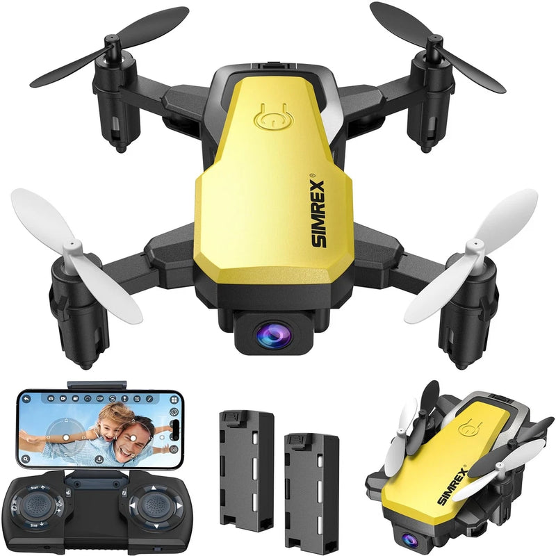 Yellow mini quadcopter drone with camera, black propellers and SIMREX body