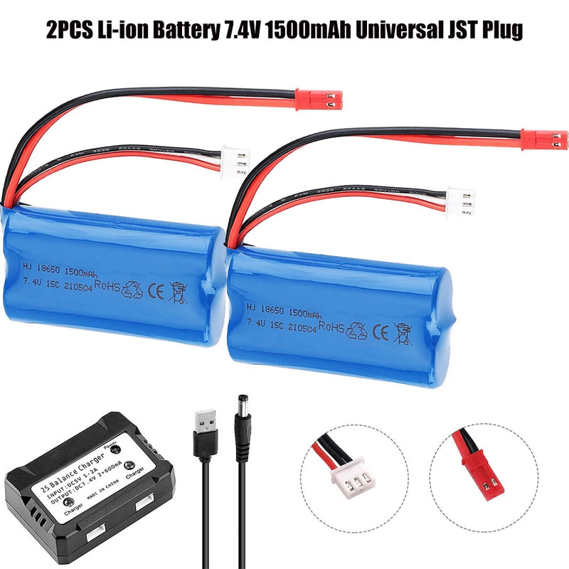 2x 7.4V 1500mAh Li-ion Battery JST Plug with Charger for RC Car Boat Helicopter Battery