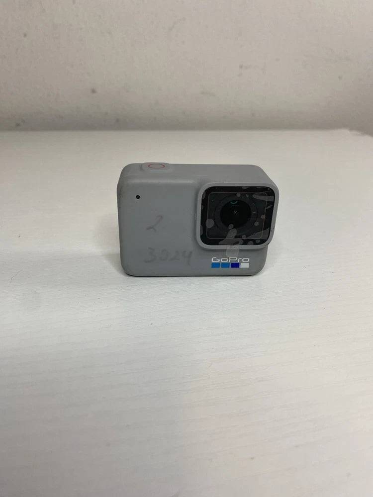 GoPro Hero 7 action camera, front lens and display, silver/white body