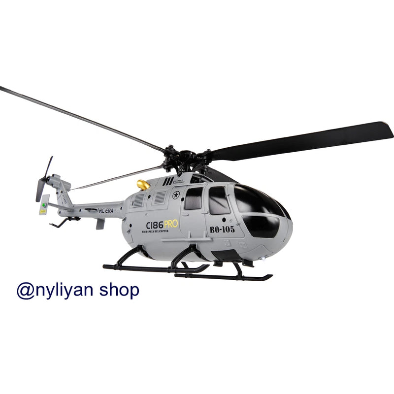 White RC helicopter drone with black skids and twin main rotor blades