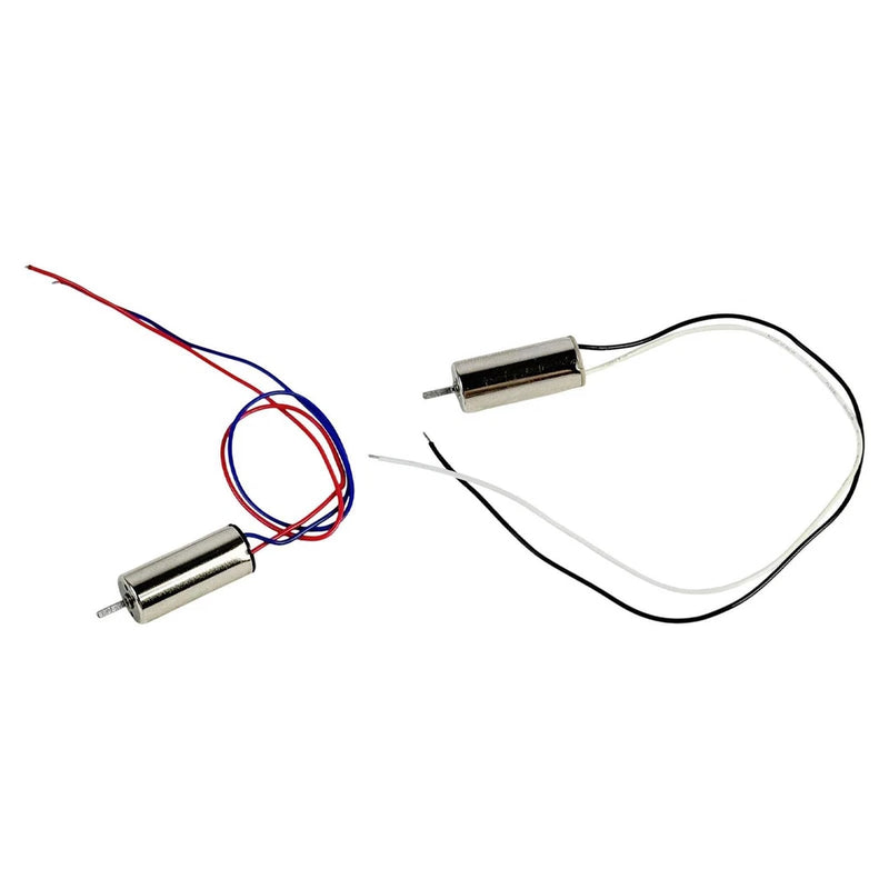 Micro coreless drone motor pair with attached wires and connector leads