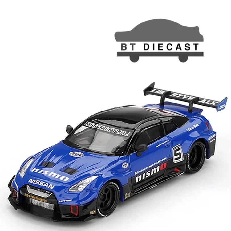 Blue and black 1:64 scale Nissan race diecast car with rear wing