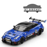 Blue and black 1:64 scale Nissan race diecast car with rear wing
