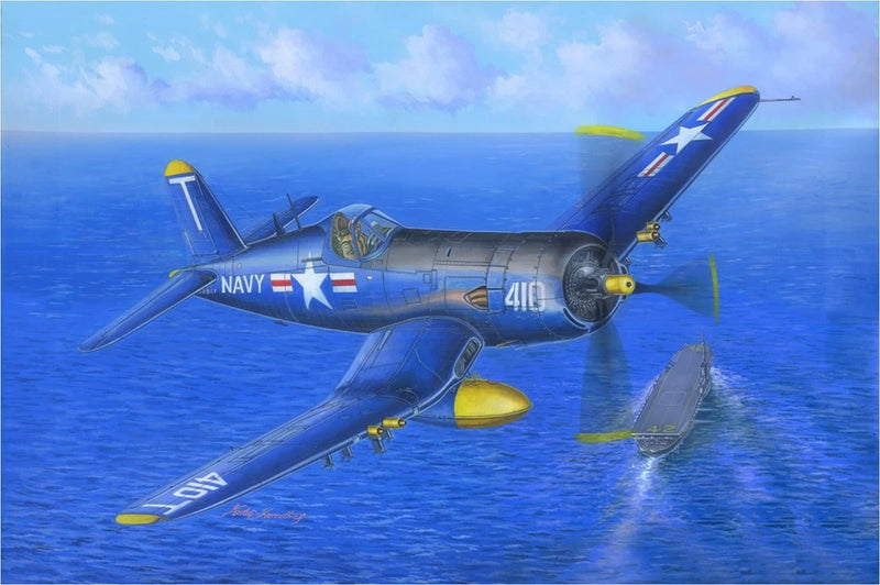 Small F4U-5 Corsair airplane model kit, navy and yellow