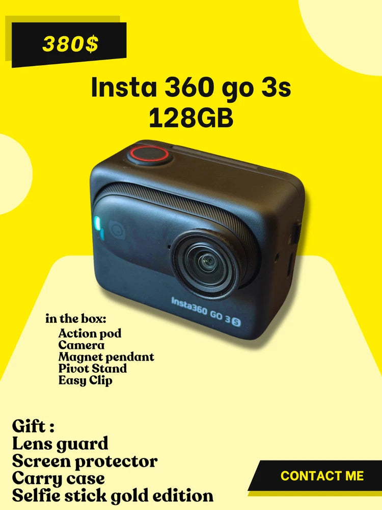 Black Insta360 Go 3s action camera with front lens and compact body