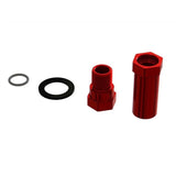 Red aluminum servo saver hub set with O-ring seals and threaded hub parts