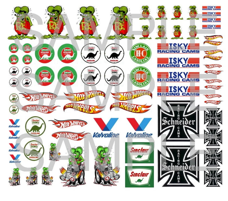 RATFINK water-slide decal sheet with assorted racing logos and characters