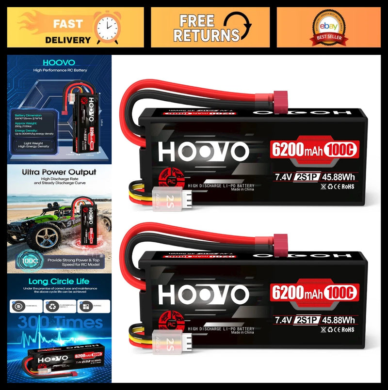 High-Capacity 7.4V 6200mAh 100C LiPo Battery Pack for RC Cars - T Plug, 2 Pack Battery