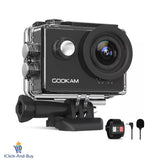 GOOKAM black action camera in clear waterproof case with lens and mounting base, plus mic